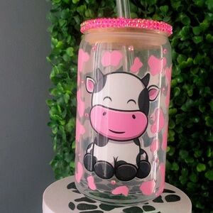 Cute Moo Cow Print Glass Tumbler with Straw